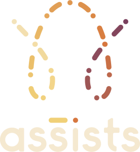 Het logo van assists. Een gestippelde geel en rode A.