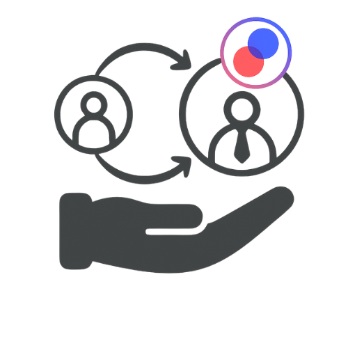 Een hand met 2 personen die informatie uitwisselen